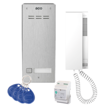 ZESTAW DOMOFONOWY ACO FAM-P-1NPACC NT + UNIFON INS-UP720B + ZASILACZ NA SZYNĘ DIN 15V