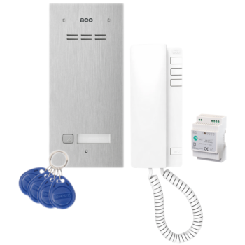 ZESTAW DOMOFONOWY ACO FAM-P-1NPACC + UNIFON UP940 + DIN 2A 15V + BRELOKI