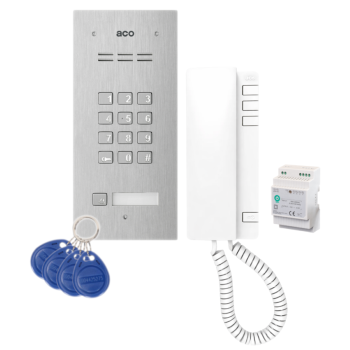 ZESTAW DOMOFONOWY ACO FAM-P-1NPZSACC + UNIFON UP940 + DIN 2A 15V + 4 BRELOKI