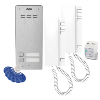 ZESTAW DOMOFONOWY ACO FAM-P-2NPACC NT + 2 UNIFONY UP940 + DIN 2A 15V + 6 BRELOKÓW RFID