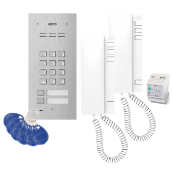 ZESTAW DOMOFONOWY ACO FAM-P-2NPZSACC + 2 UNIFONY UP940 + DIN 2A 15V + 6 BRELOKÓW