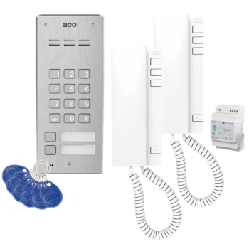 ZESTAW DOMOFONOWY ACO FAM-P-2NPZSACC NT + 2 UNIFONY UP940 + DIN 2A 15V + 6 BRELOKÓW RFID