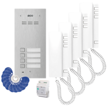 ZESTAW DOMOFONOWY ACO FAM-P-4NPACC + 4 UNIFONY UP940 + DIN 2A 15V + 12 BRELOKÓW