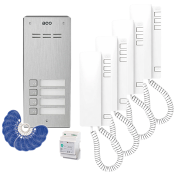 ZESTAW DOMOFONOWY ACO FAM-P-4NPACC NT + 4 UNIFONY UP940 + DIN 2A 15V + 12 BRELOKÓW RFID