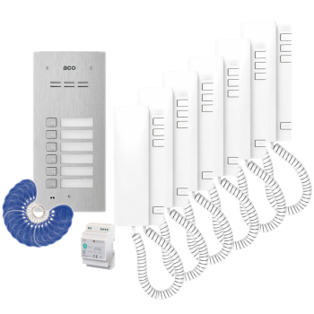 ZESTAW DOMOFONOWY ACO FAM-P-6NPACC + 6 UNIFONÓW UP940 + DIN 2A 15V + 18 BRELOKÓW
