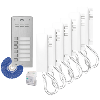 ZESTAW DOMOFONOWY ACO FAM-P-6NPACC NT + 6 UNIFONÓW UP940 + DIN 2A 15V + 18 BRELOKÓW RFID