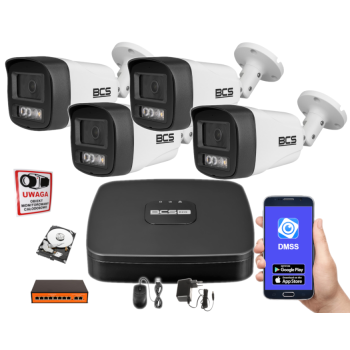 ZESTAW MONITORINGU IP BCS-L-SNVR0401 + 4x BCS-L-TIP14FSR3L3 4MPX 2.8mm IR30 Switch PoE 1TB