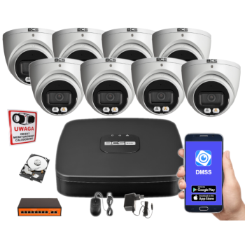 ZESTAW MONITORINGU IP BCS-L-SNVR0801-4KE(2) + 8x BCS-L-EIP14FCR3L3-Ai1 4MPX 2.8mm IR30 Switch PoE 1TB