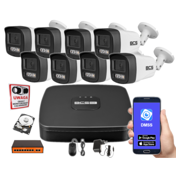 ZESTAW MONITORINGU IP BCS-L-SNVR0801-4KE(2) + 8x BCS-L-TIP14FSR3L3 4MPX 2.8mm IR30 Switch PoE 1TB