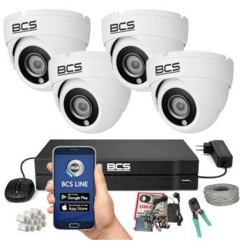 ZESTAW MONITORINGU BCS 5Mpx - 4 Kamery Kopułkowe Białe, Obiektyw stały, Dysk 1TB, IR, Zdalny dostęp, Akcesoria