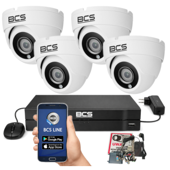 ZESTAW MONITORINGU BCS 5Mpx - 4 Kamery Kopułkowe Białe, Obiektyw stały, Dysk 1TB, IR, Zdalny dostęp