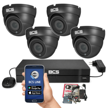 ZESTAW MONITORINGU BCS 5Mpx - 4 Kamery Kopułkowe Grafitowe, Obiektyw stały, Dysk 1TB, IR, Zdalny dostęp