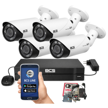 ZESTAW MONITORINGU BCS 5Mpx - 4 Kamery Tubowe Białe, Obiektyw zmienny, Dysk 1TB, IR, Zdalny dostęp