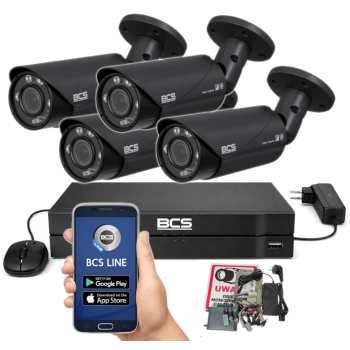 ZESTAW MONITORINGU BCS 5Mpx - 4 Kamery Tubowe Grafitowe, Obiektyw zmienny, Dysk 1TB, IR, Zdalny dostęp