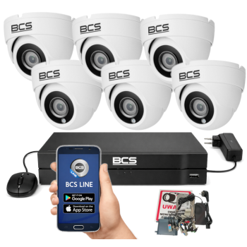 ZESTAW MONITORINGU BCS 5Mpx - 6 Kamer Kopułkowych Białych, Obiektyw stały, Dysk 1TB, IR, Zdalny dostęp
