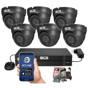 ZESTAW MONITORINGU BCS 5Mpx - 6 Kamer Kopułkowych Grafitowych, Obiektyw stały, Dysk 1TB, IR, Zdalny dostęp