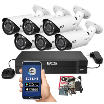 ZESTAW MONITORINGU BCS 5Mpx - 6 Kamer Tubowych Białych, Obiektyw zmienny, Dysk 1TB, IR, Zdalny dostęp