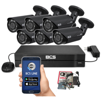 ZESTAW MONITORINGU BCS 5Mpx - 6 Kamer Tubowych Grafitowych, Obiektyw zmienny, Dysk 1TB, IR, Zdalny dostęp
