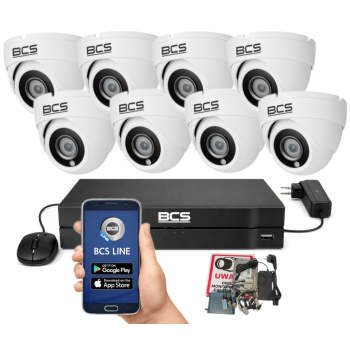 ZESTAW MONITORINGU BCS 5Mpx - 8 Kamer Kopułkowych Białych, Obiektyw stały, Dysk 1TB, IR, Zdalny dostęp