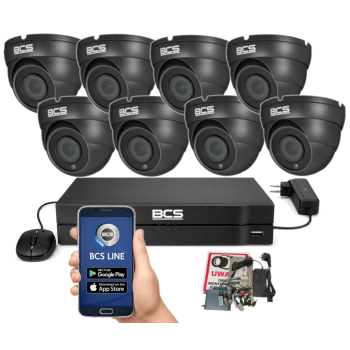 ZESTAW MONITORINGU BCS 5Mpx - 8 Kamer Kopułkowych Grafitowych, Obiektyw stały, Dysk 1TB, IR, Zdalny dostęp