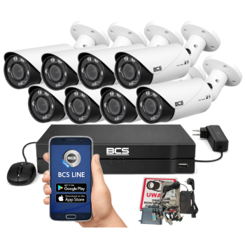 ZESTAW MONITORINGU BCS 5Mpx - 8 Kamer Tubowych Białych, Obiektyw zmienny, Dysk 1TB, IR, Zdalny dostęp