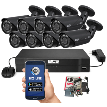 ZESTAW MONITORINGU BCS 5Mpx - 8 Kamer Tubowych Grafitowych, Obiektyw zmienny, Dysk 1TB, IR, Zdalny dostęp