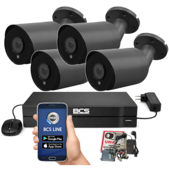 ZESTAW MONITORINGU BCS 5Mpx - 4 Kamery Tubowe Grafitowe, Obiektyw stały 3,6mm, Dysk 1TB, IR, Zdalny dostęp