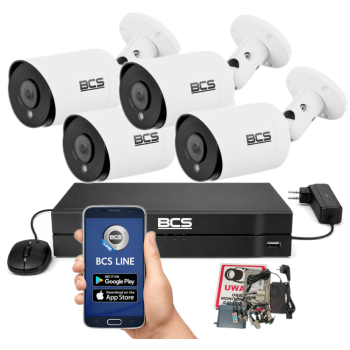 ZESTAW MONITORINGU BCS 5Mpx - 4 Kamery Tubowe Białe, Obiektyw stały 3,6mm, Dysk 1TB, IR, Zdalny dostęp
