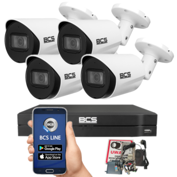 ZESTAW MONITORINGU BCS 8Mpx 4K - 4 Kamery Tubowe Białe, Obiektyw stały 2,8mm, Dysk 1TB, IR, Zdalny dostęp
