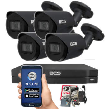 ZESTAW MONITORINGU BCS 8Mpx 4K - 4 Kamery Tubowe Grafitowe, Obiektyw stały 2,8mm, Dysk 1TB, IR, Zdalny dostęp