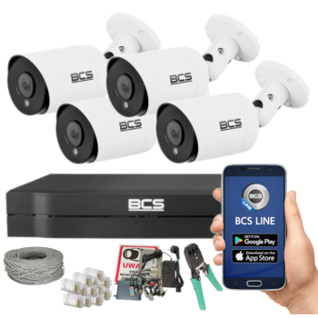 ZESTAW MONITORINGU BCS 8Mpx - 4 Kamery Tubowe Białe, Obiektyw stały 2,8mm, Dysk 1TB, IR, Zdalny dostęp, Akcesoria