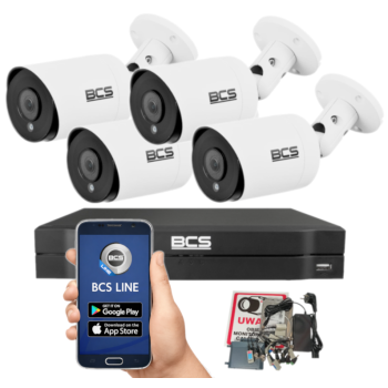ZESTAW MONITORINGU BCS 8Mpx - 4 Kamery Tubowe Białe, Obiektyw stały 2,8mm, Dysk 1TB, IR, Zdalny dostęp