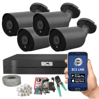 ZESTAW MONITORINGU BCS 8Mpx - 4 Kamery Tubowe Grafitowe, Obiektyw stały 2,8mm, Dysk 1TB, IR, Zdalny dostęp, Akcesoria