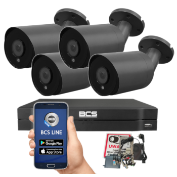 ZESTAW MONITORINGU BCS 8Mpx - 4 Kamery Tubowe Grafitowe, Obiektyw stały 2,8mm, Dysk 1TB, IR, Zdalny dostęp