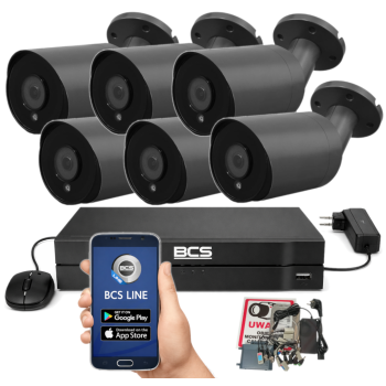 ZESTAW MONITORINGU BCS 5Mpx - 6 Kamer Tubowych Grafitowe, Obiektyw stały 3,6mm, Dysk 1TB, IR, Zdalny dostęp