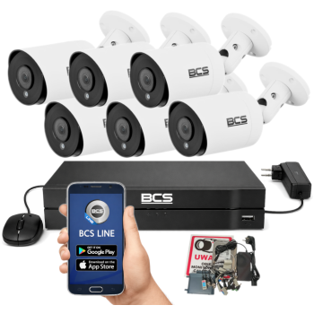 ZESTAW MONITORINGU BCS 5Mpx - 6 Kamer Tubowych Białe, Obiektyw stały 3,6mm, Dysk 1TB, IR, Zdalny dostęp