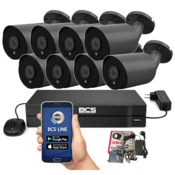 ZESTAW MONITORINGU BCS 5Mpx - 8 Kamer Tubowych Grafitowe, Obiektyw stały 3,6mm, Dysk 1TB, IR, Zdalny dostęp