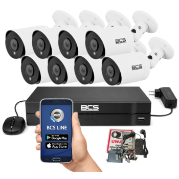 ZESTAW MONITORINGU BCS 5Mpx - 8 Kamer Tubowych Białe, Obiektyw stały 3,6mm, Dysk 1TB, IR, Zdalny dostęp