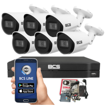 ZESTAW MONITORINGU BCS 8Mpx 4K - 6 Kamer Tubowych Białe, Obiektyw stały 2,8mm, Dysk 1TB, IR, Zdalny dostęp