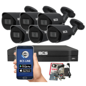 ZESTAW MONITORINGU BCS 8Mpx 4K - 6 Kamer Tubowych Grafitowe, Obiektyw stały 2,8mm, Dysk 1TB, IR, Zdalny dostęp