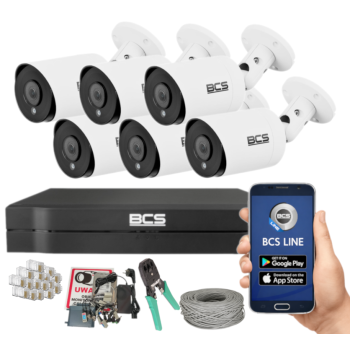 ZESTAW MONITORINGU BCS 8Mpx - 6 Kamer Tubowych Białe, Obiektyw stały 2,8mm, Dysk 1TB, IR, Zdalny dostęp, Akcesoria