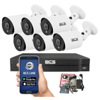 ZESTAW MONITORINGU BCS 8Mpx - 6 Kamer Tubowych Białe, Obiektyw stały 2,8mm, Dysk 1TB, IR, Zdalny dostęp