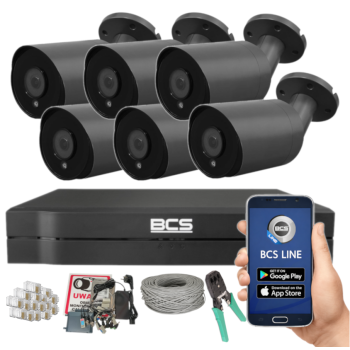ZESTAW MONITORINGU BCS 8Mpx - 6 Kamer Tubowych Grafitowe, Obiektyw stały 2,8mm, Dysk 1TB, IR, Zdalny dostęp, Akcesoria