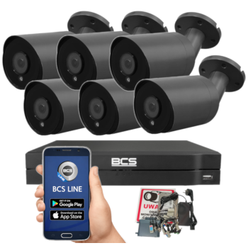 ZESTAW MONITORINGU BCS 8Mpx - 6 Kamer Tubowych Grafitowe, Obiektyw stały 2,8mm, Dysk 1TB, IR, Zdalny dostęp