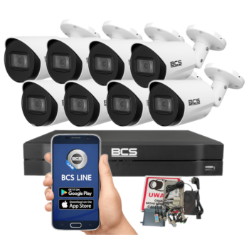 ZESTAW MONITORINGU BCS 8Mpx 4K - 8 Kamer Tubowych Białe, Obiektyw stały 2,8mm, Dysk 1TB, IR, Zdalny dostęp