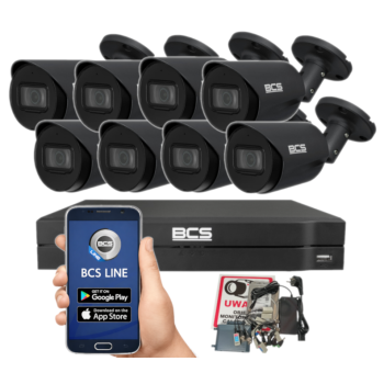 ZESTAW MONITORINGU BCS 8Mpx 4K - 8 Kamer Tubowych Grafitowe, Obiektyw stały 2,8mm, Dysk 1TB, IR, Zdalny dostęp