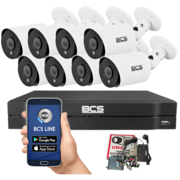 ZESTAW MONITORINGU BCS 8Mpx - 8 Kamer Tubowych Białe, Obiektyw stały 2,8mm, Dysk 1TB, IR, Zdalny dostęp
