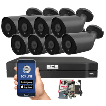 ZESTAW MONITORINGU BCS 8Mpx - 8 Kamer Tubowych Grafitowe, Obiektyw stały 2,8mm, Dysk 1TB, IR, Zdalny dostęp