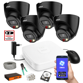 ZESTAW MONITORINGU IP Dahua 4MPx – 4 Kamery Kopułkowe Czarne, Dysk 1TB, PoE, Zdalny Dostęp, Akcesoria