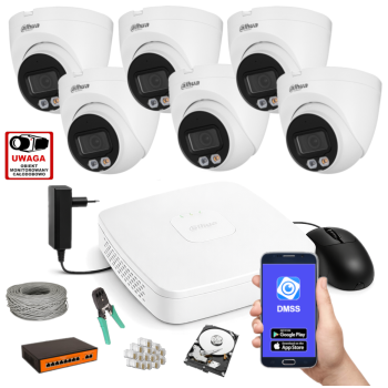 ZESTAW MONITORINGU IP Dahua 4MPx – 6 Kamer Kopułkowych, Dysk 1TB, PoE, Zdalny Dostęp, Akcesoria